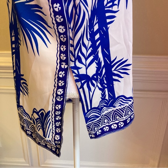 ZARA SET Blue White Tropical Palm Print Satin Button Down Shirt & Bermuda Shorts - Picture 5 of 15